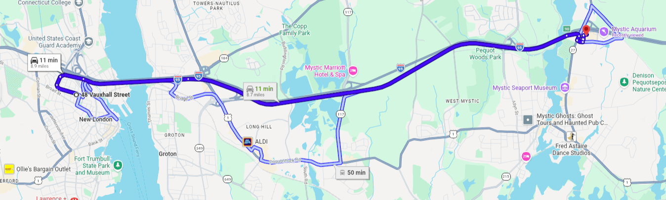 Driving directions from 48 Vauxhall bed and breakfast to Mystic Aquarium showing 11 minute drive distance